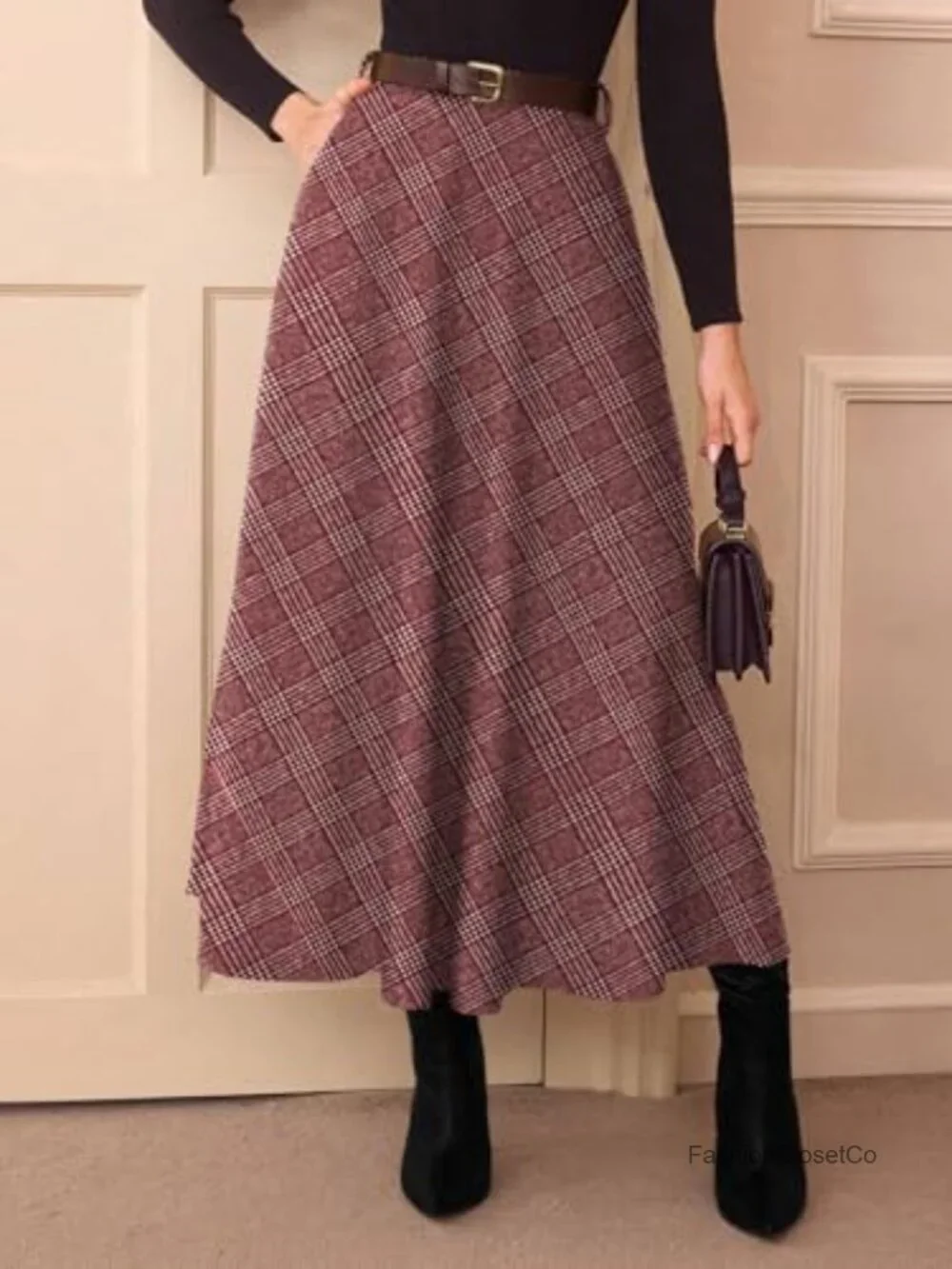 A-Line High Waist Flared Tartan Midi Skirt with Pockets